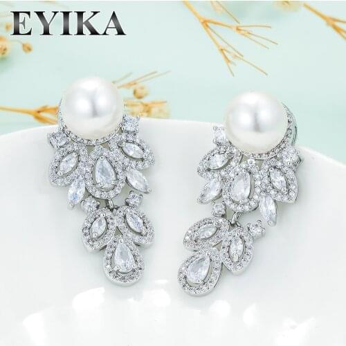 EYIKA Vintage Bridal Wedding Zircon & Pearl Leaf Dangle Earrings for Women Clear Crystal Silver Color Pendientes Mujer Jewelry