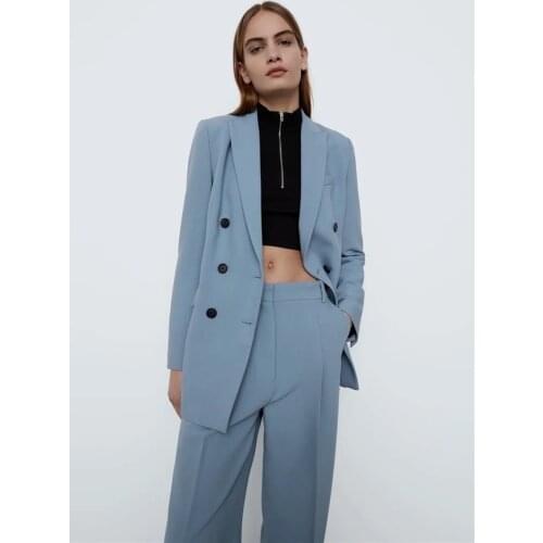 Women Simple Office Blazer Two Piece Set New Solid Colors Double Breasted Casual Commute Blazer + High Waist Straight Pants Suit