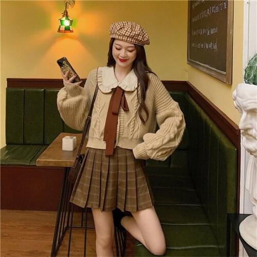 Student Girl JK Matching Suits Fashion 3 Piece Sets Sweet Bow Shirt&Twist Knitted Sweater Cardigan&Mini Pleated Skirt 3pc Sets