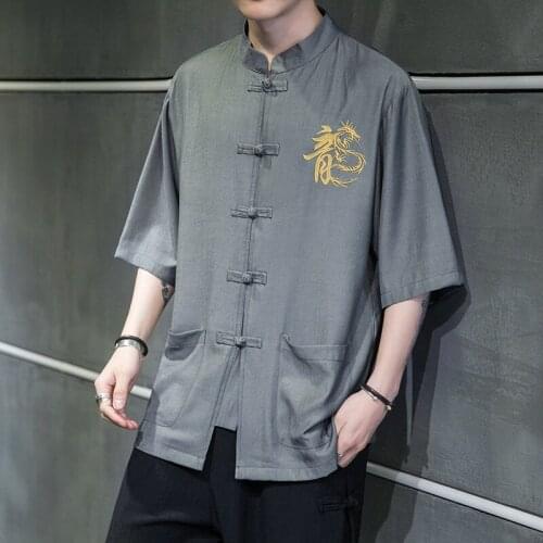 2021 Summer Chinese Style Shirt Men Tang Suit Button Chinese Dragon Shirt Pirnt Streetwear Shirts Half Sleeve Men Tops 31168