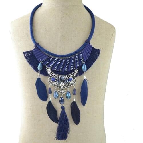 Boho Ethnic Leather Chain Resin Beads Necklace Blue Red Black Feather Tassel Wings Statement Necklace For Women Tribal Jewelry