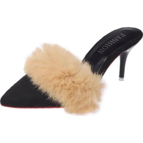 Women New Pointed Toe Furry High Heels Fashion Ladies Sexy High Heel Pumps Sandals Fluffy Plush Fur Slides Summer Beach Shoes