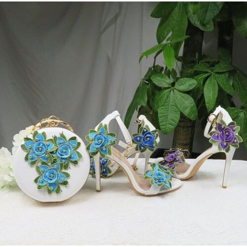 Flower wedding shoes with matching bags High heels Open Toe Ankle Strap Summer Sandals shoe and bag set High Shoes Woman