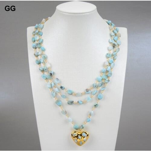 GG Jewelry 3 Strands Natural Blue Larimar Rosary Chain Necklace Heart-Shaped Larimars Pendant Statement Necklace For Women 18