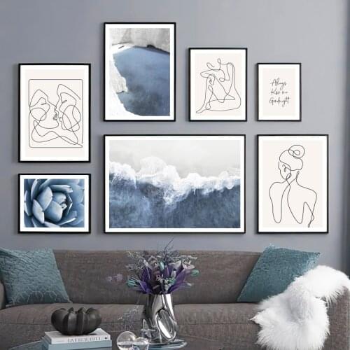 Greece Beach Wave Crush Blue Agave Abstract One Line Nordic Poster Wall Art Print Canvas Painting Decor Pictures For Living Room