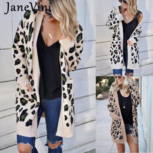 JaneVini Fashion Womens Knitted Cardigan Sweater Long Sleeve Loose Streetwear Coat Leopard Print Pockets Female Cardigan Jacket