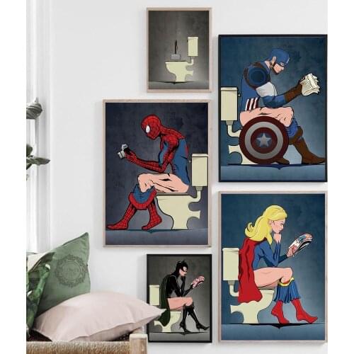 Comic Book Hero Character Read Magazine in the Toilet Painting Cartoon Posters Prints Washroom Restroom Decor Wall Art Picture