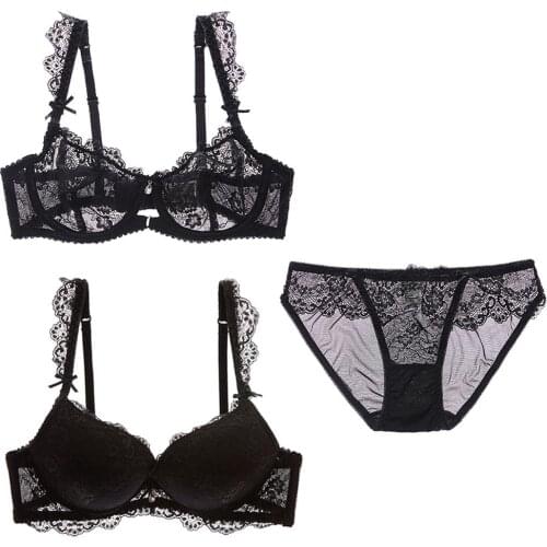 Sexy lace underwire push up with see through briefs underwear set thick pad bra + ultra thin bra + lace panties 3 piece/set