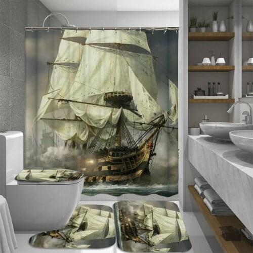 Bath Mat Set Bathroom Curtain Shower Carpets Pirate Ship Sailboat Waterproof Bathroom Curtain Bath Set Accessories for Toilet