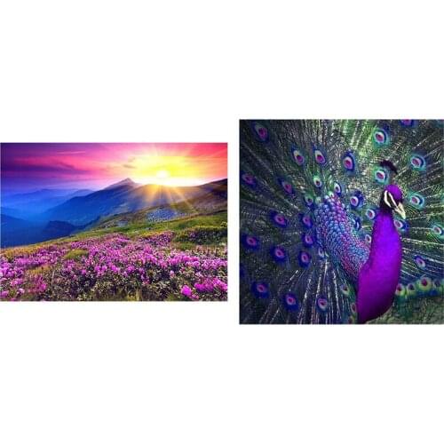 Landscape Sunrise and Purple Flower Pattern Painting Rhinestones D170 & Icon Diamond Embroidery Peacock Crystal