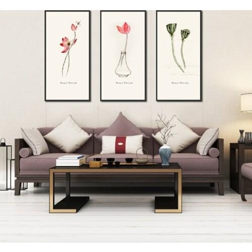 Ink Lotus Canvas Painting Chinese Traditional High-definition Triptych Painting Zen Freehand Decorative Painting Living Room