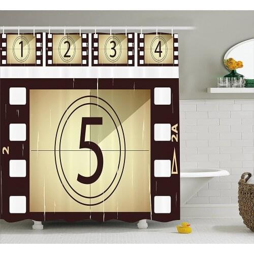 Movie Theater Shower Curtain Scratched Film Strips Vintage Movie Frame Grunge Illustration Bath Curtain With Hooks For Bathroom