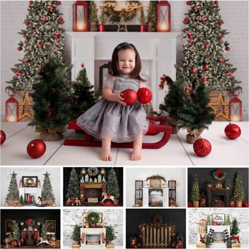 Vintage Christmas Window Room Photography Backdrops Xmas Fireplace Tree Decor Kids Portrait Photo Props Studio Booth Background