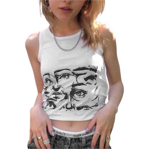Y2k Fashion EGirl Tops Womens Round Neck Tank Tops Portrait Print Summer Sleeveless Slim Fit T-Shirts