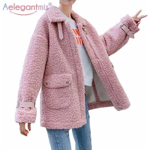 Aelegantmis 2021 Winter Lamb Wool Loose Coats Women Oversized Fashion Thicken Warm Fleece Female Jacket Teddy Causal Outerwear