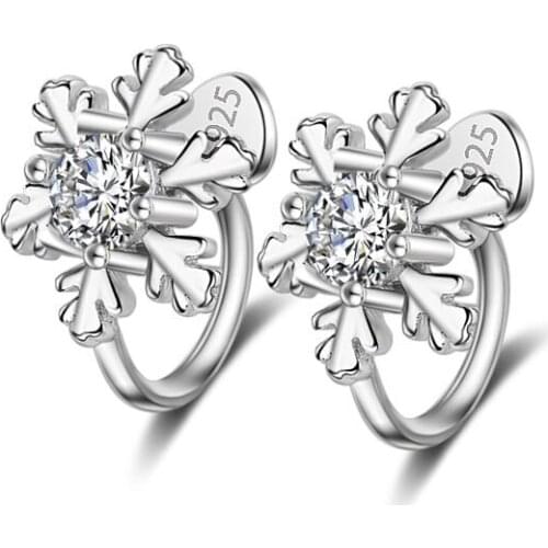 Hot Sale Wholesale 2017 New Snowflake Design Shiny Crystal 925 Sterling Silver Clip Earrings for Women Jewelry Christmas Gift
