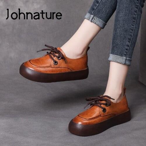 Johnature Lace-Up Pumps Women Shoes Genuine Leather Retro 2021 New Autumn Round Toe Handmade Concise Leisure Platform Shoes