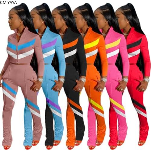 CM.YAYA Active Wear Womens Set Patchwork Jacket Flare Bellbottom Jogger Pants Suit Tracksuit Sport Two Piece Set Fitness Outfit