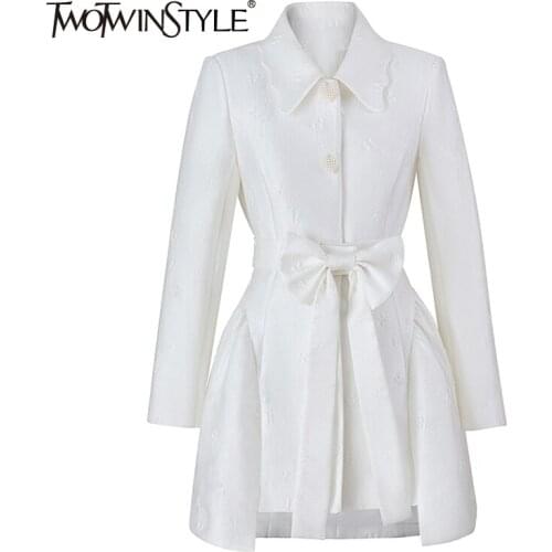 TWOTWINSTYLE Casual Solid Lace Up Bowknot Dress Female Lapel Long Sleeve Gathered Waist Temperament Dresses For Women Autumn New