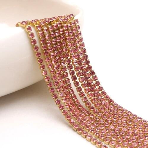 10Yard/Lot Bling Lt Pink Crystal Rhinestones Chain DIY Gold Base Dense Claw Chain Rhinestone Wedding Clothing Art Decoration