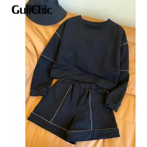 8.6 GuliChic Women Fashion Loose Pullover Sweatshirt + Elastic Waist Shorts Casual Sport 2 Piece Set Women