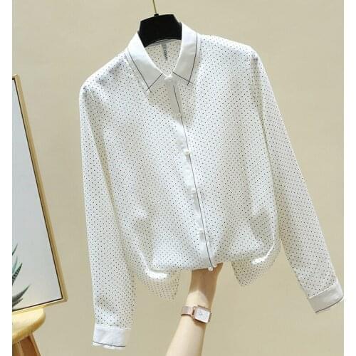 Long Sleeve Dot White Chiffon Blouse Shirt Tops Blouse Women Blusas Mujer De Moda 2021 Turn Down Collar Office Blouse Blusa E21