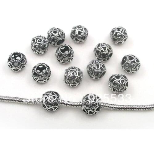 Free shipping 50pcs/lot big hole antique silver plated metal beads heart shape love charms fit European bracelet