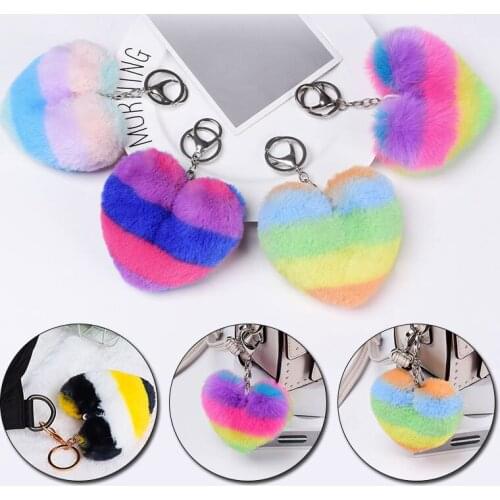 Heart Pompoms Keychain Rainbow Plush Balls Key Chains Multicolor Women Bag Decorative Pendants Fashion Car Plush Keyrings