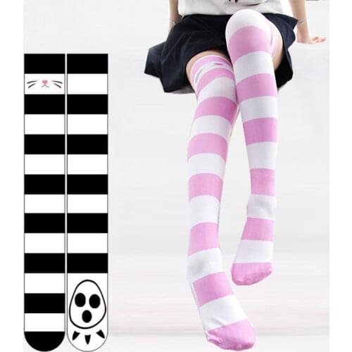 Kawaii Anime Cat Claw Stripe Lolita Stockings Japanese School Girls Socks Overknee Sexy Velvet Thigh High Stockings Pink & Black