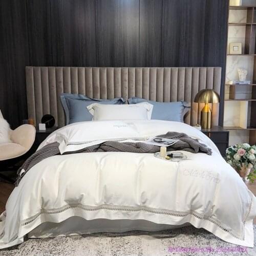 4pcs 1.8m Bedding Set Light luxury pure white 100 satin long-staple cotton Home Textile pure cotton simple hollow lace American