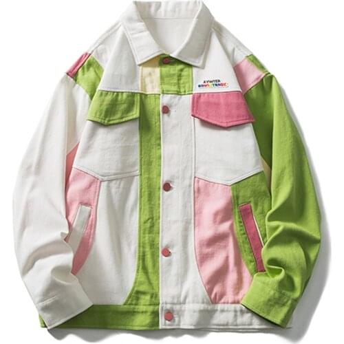 LACIBLE Baseball Jacket Coat Vintage Color Block Denim Patchwork Multi Pockets Cargo Jackets Streetwear Harajuku Casual Outwear