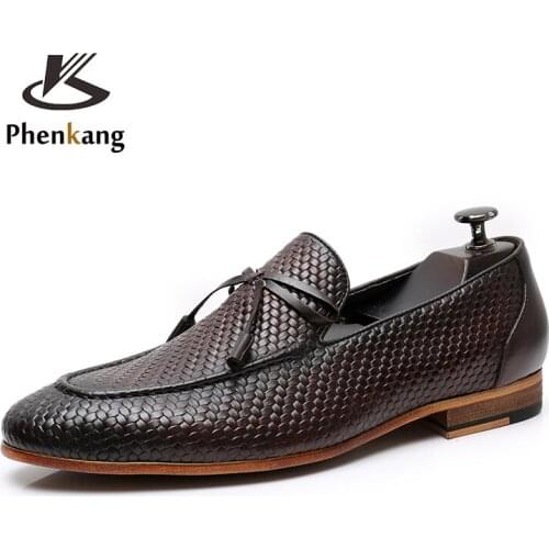 Phenkang Men Summer Genuine Leather Shoes Hair Stylist Italian Tassel Open Edge Slip On British Carved Business Casual Loafers