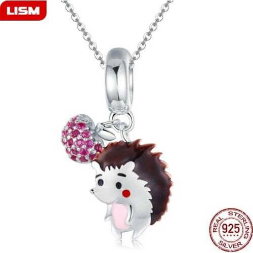 New Authentic 925 Sterling Silver Cute Animal Shaped Hedgehog Pendant Charms Necklace for Women Jewelry Gifts