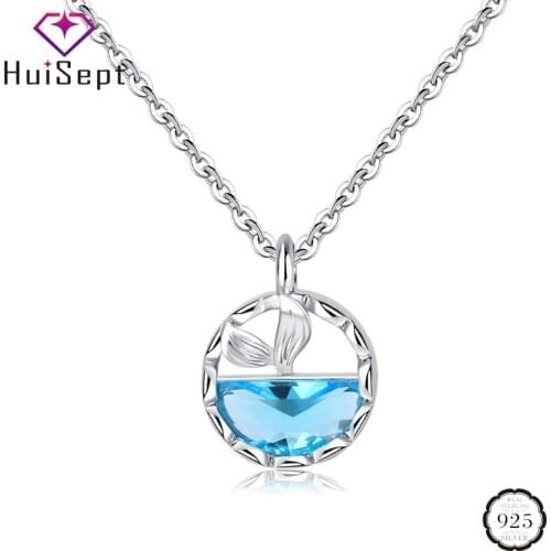 HuiSept Fashion 925 Silver Necklace Inlaid Mermaid Sapphire Gemstone Pendant Jewellery for Women Wedding Promise Party Wholesale