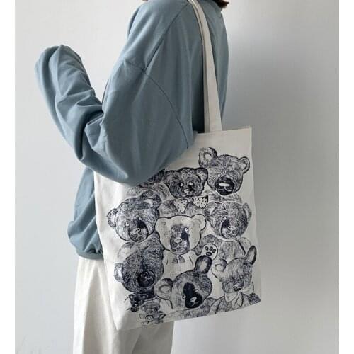 Womens Casual Canvas Shoulder Bag Illustration bear Shopping Bag Cotton Cloth Handbag Eco Reusable Large Tote Shopper Bags