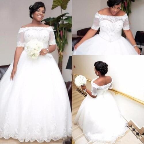Plus Size African Ball Gown Wedding Dresses With Short Sleeves Boat Neck Beaded Crystals Wedding Dress Wedding Gowns