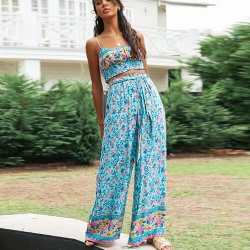 TEELYNN boho cotton Floral Wide-leg pants and Crop Top suit Summer 2020 Sexy Bohemian Beach Vintage Casual Woman Two Pieces Set