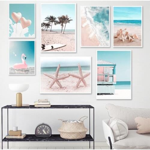 Tropical Sea Beach Starfish Surfboard Flamingo Wall Art Canvas Painting Nordic Poster Prints Wall Pictures For Living Room Decor