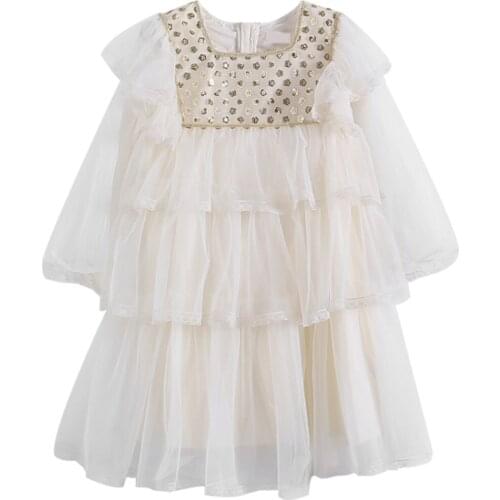 Sequined Tulle Dresses 2021 Princess Girls Dress Summer Light Cupcake Dress Elegant Evening Party Long Sleeve Dress for Girls