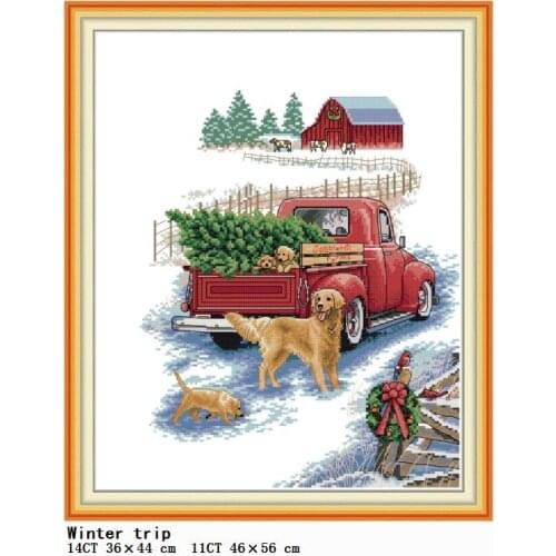 Winter Trip Joy Sunday Cross Stitch Patterns 14CT 11CT Counted Printed Fabric DIY Handmade Embroidery Thread Sets Needlework Set