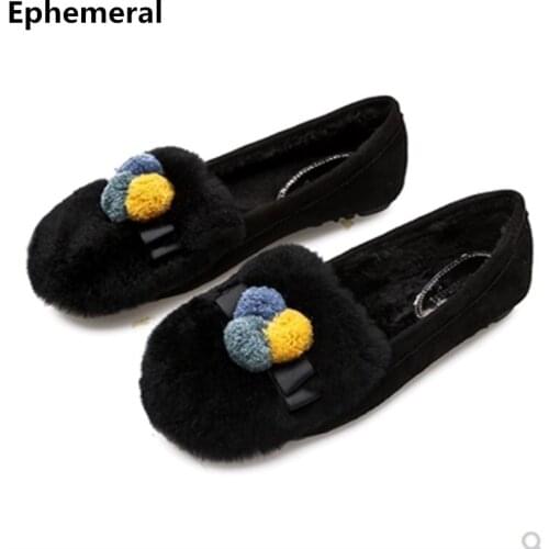 Female Velvet Ball Flats For Winter Warm Fur Round Toe Hand-Made Designer Shoes Black Grey Wide Fitting Slip-Ons 43-34 Cute