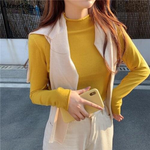 T-shirts Womens New Autumn Soft Slim Knitwear Korean Style Thin Half Turtleneck Long Sleeve All-match Leisure Trendy Female Chic