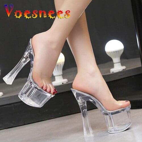 Voesnees Women Slippers Summer 2021 Sexy Crystal Slipper Heels 17 cm Transparent Cool Slippers Big yards Females Wedding Shoe