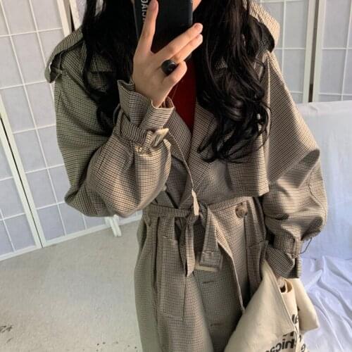 Women Long Plaid Trench Coat with Belt Vintage Harajuku Style Long Sleeve Double Breasted Overcoat Elegant Autumn Winter