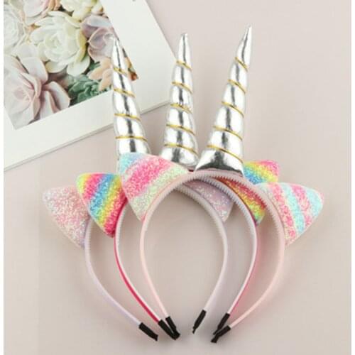 New Rainbow Unicorn Headbands Can Flip Sequins Glitter Unicorn Hairband Cat Ears Kid Cartoon Headband Women Hair Accessories