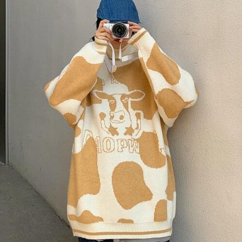 Japanese cute style high neck women sweater 2020 winter cartoon cow pattern casual preppy O-neck knitted oversize women sweater