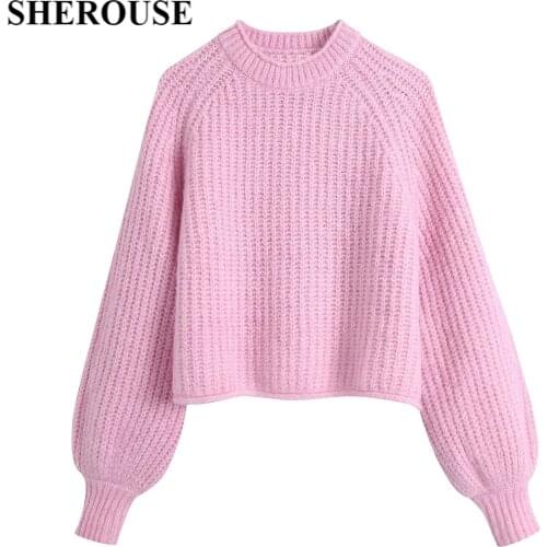 SHEROUSE Women Fashion Solid Knit Pullover Sweater O-Neck Long Sleeves Vintage Female Knitted Sweaters Chic Tops