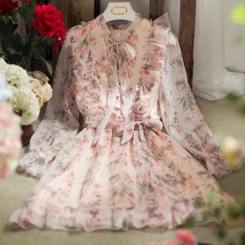 Floral Print Bow Sweet Ruffle Dress Chiffon Women Casual Lace up Elegant Mini Dress Waisted Buttons Fairy Maiden Summer Vestidos