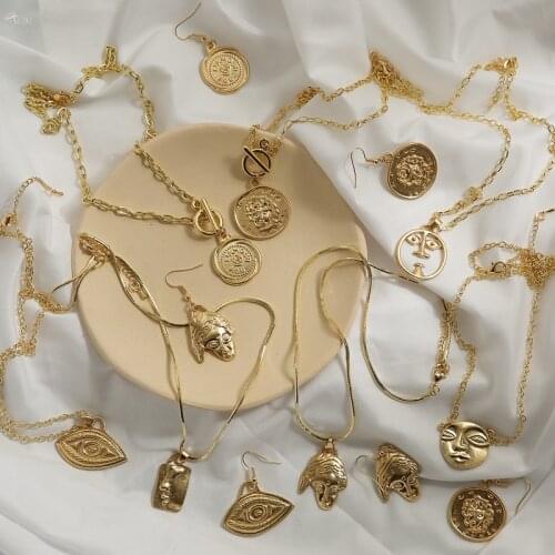 AOMU Vintage Coin Necklace For Women Fashion Metal Gold Color Face Eye Shape Pendant Long Necklaces Boho Party Jewelry