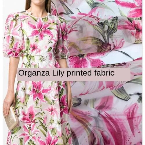 145*50cm brand printed fabric pink lily organza dress skirt DIY handmade custom fabric